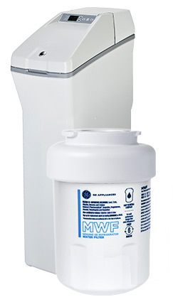 A GE Appliances water softener and MWF refrigerator water filter grouped together